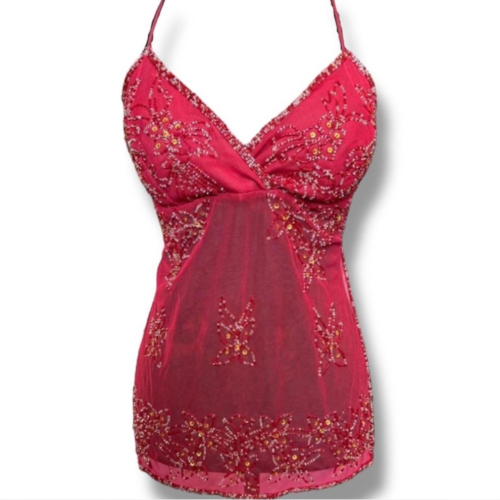 2000s vintage passport beaded floral halter top